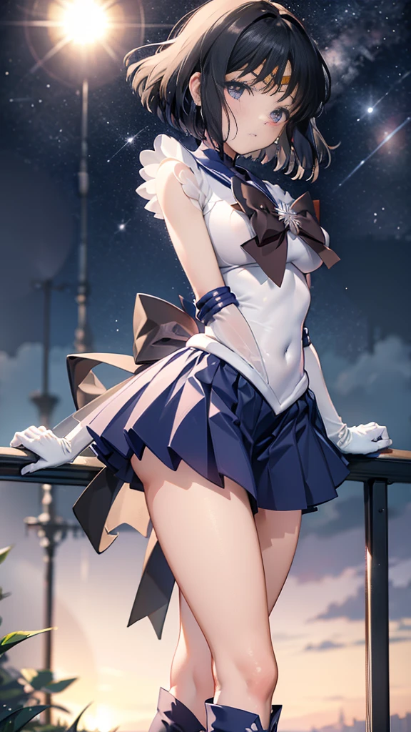 (whole body)，High resolution，Detailed Description，Best Quality，(Sailor Warrior Uniforms),Sailor Saturn，Black Hair，Cosmos，leotard，High Leg，purple skirt，Knee-high boots，Elbow Handbag，Thick thighs，The skirt is short,スカートの下に白色のleotardが見える，My skirt is blowing in the wind，Unprotected groin，，Embarrassed expression, mouth open，