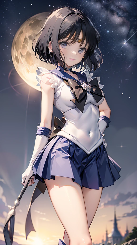 (whole body)，High resolution，Detailed Description，Best Quality，(Sailor Warrior Uniforms),Sailor Saturn，Black Hair，Cosmos，leotard，High Leg，purple skirt，Knee-high boots，Elbow Handbag，Thick thighs，The skirt is short,スカートの下に白色のleotardが見える，My skirt is blowing in the wind，Unprotected groin，，Embarrassed expression, mouth open，