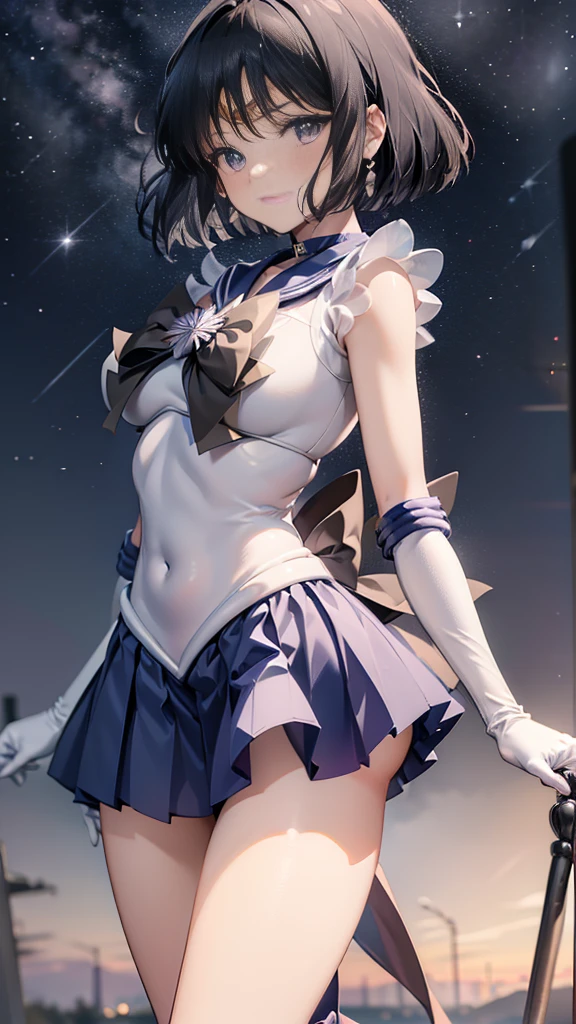 (whole body)，High resolution，Detailed Description，Best Quality，(Sailor Warrior Uniforms),Sailor Saturn，Black Hair，Cosmos，leotard，High Leg，purple skirt，Knee-high boots，Elbow Handbag，Thick thighs，The skirt is short,スカートの下に白色のleotardが見える，My skirt is blowing in the wind，Unprotected groin，，Embarrassed expression, mouth open，