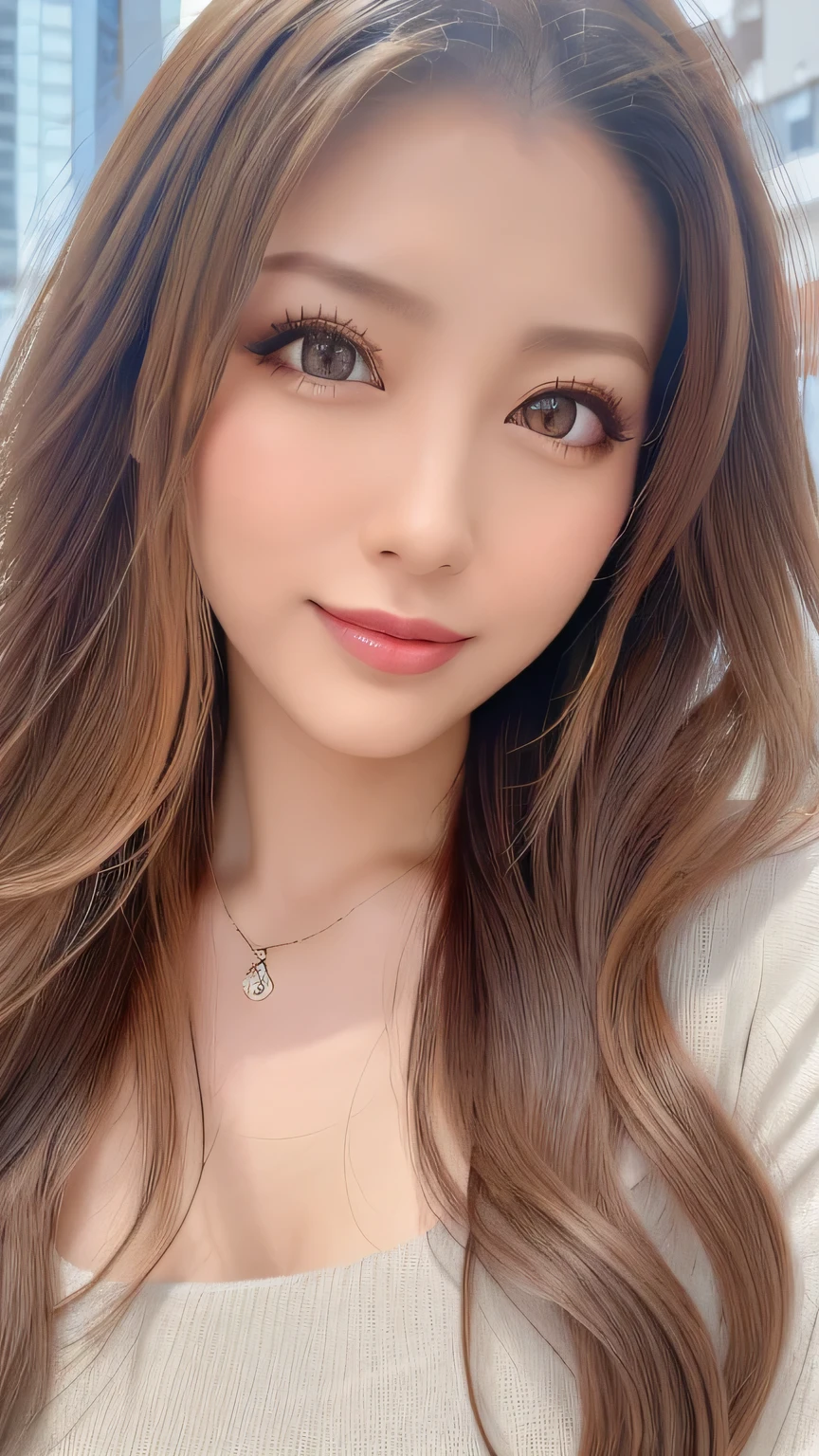 (Cowboy Shot、Best Quality、8k、Award-winning works、Ultra-high resolution)、Beautiful woman、(A sweater that shows off perfect, sexy cleavage:1.1)、Perfect big breasts、(Blonde:1.1)、Bright color contacts、Perfect Makeup、Bright and shiny lipstick、(Very heavy makeup:1.2)、(Dark pink beige around the eyes:1.1)、Beautiful bright eyeshadow、Heavy makeup around the eyes、(Huge breasts:1.2)、Very long wavy hair、(Romantic affection:1.1)、The best smile when he sees me、(Most people emphasize their body lines..:1.1)、(Strongly blurred vibrant Harajuku city background:1.1)、(Strongly blurred background:1.1)、Accurate anatomy、Ultra HD Hair、(Ultra-high resolution for perfect, beautiful teeth:1.1)、Beautiful faces in ultra-high definition、Ultra HD Hair、Ultra HD Shining Eyes、Shining, Ultra-high resolution beautiful skin、Ultra-high resolutionの艶やかな唇、Harry Winston Necklace