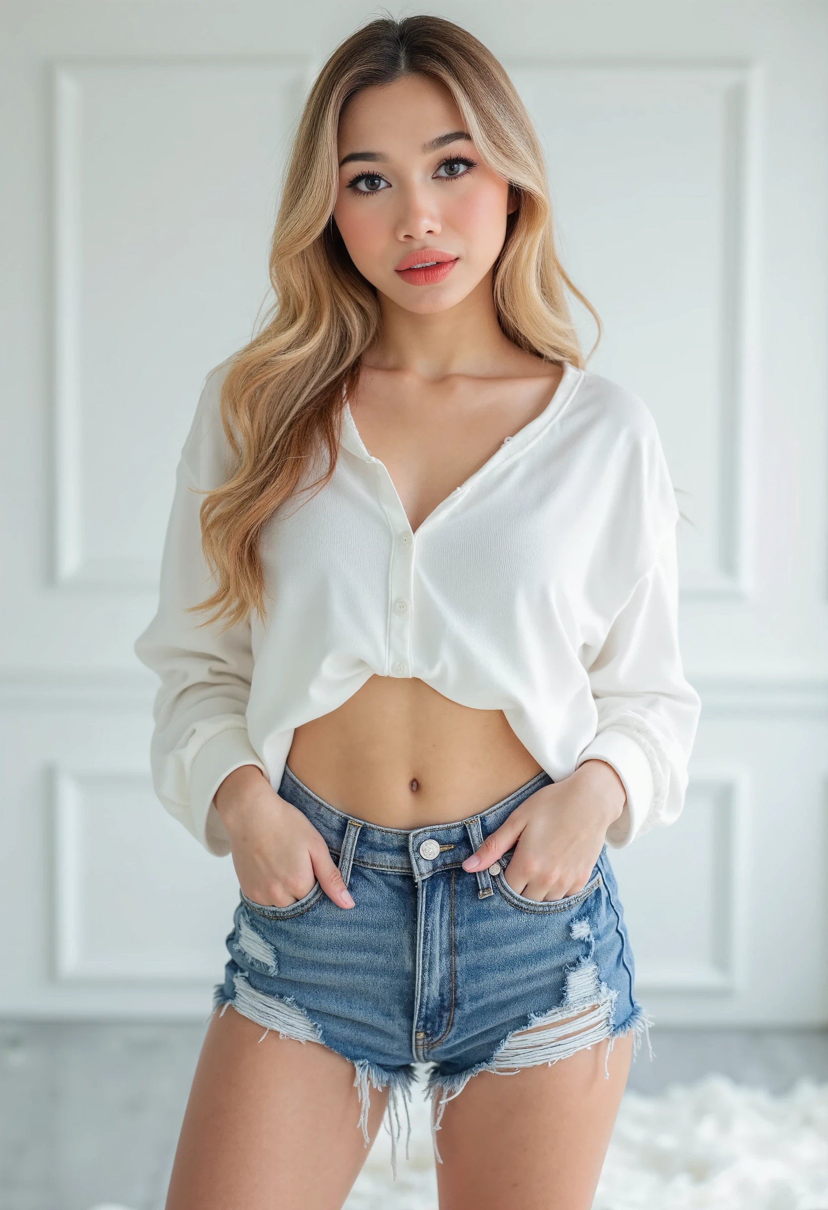 A hot adult woman, korean idol, long legs, straight blonde hair, glossy lips, fat abs, natural big breasts, braless, wearing casual white tight shirt with crew-neck spandex short-sleeve, ripped jeans mini shorts, high heels, front view, standing on the floor, detailed body, at professional photo studio, white backdrop, finely detailed eyes and detailed hair