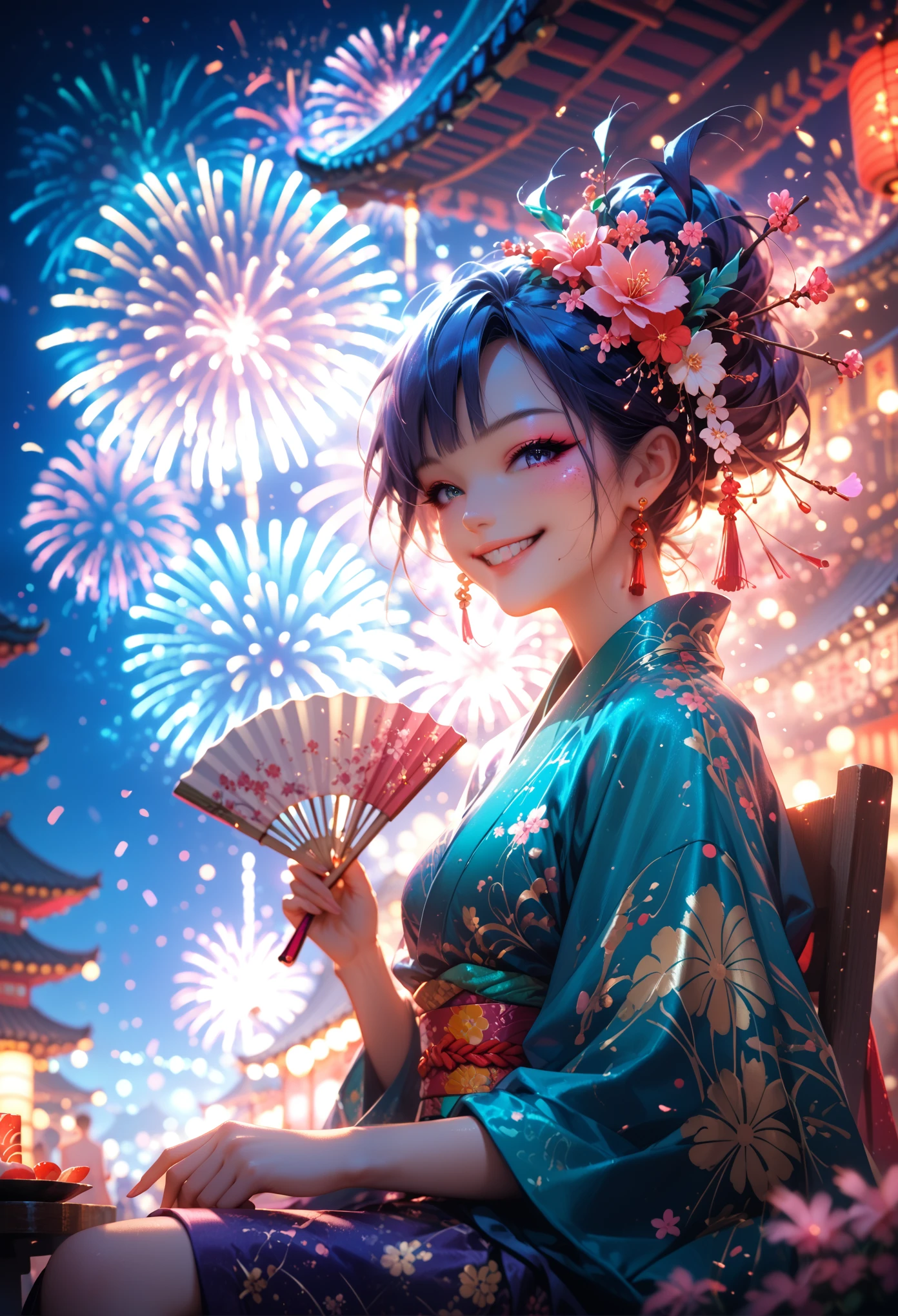 anime girl, Joy, smile sweet, Sits on a Chair with a Fan in His Hands, flirts, sexy, dressed in a kimono, Fireworks and Dragon Festival in the Background, warm colors, bright colors, masterpiece, Maximum detail,