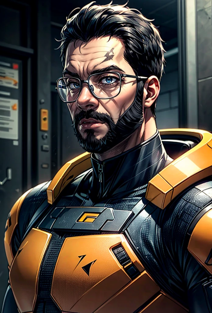 A highly detailed, ultra-realistic portrait of **Gordon Freeman** in his **HEV suit**, from *Half-Life Alyx*. He is a **middle-aged man**, with a full beard and wearing **glasses**, giving off a serious and focused expression. The **scientist character** is portrayed in a **cinematic pose**, set against a **dystopian sci-fi background** with dark and gritty tones. The **HEV suit** is shown in sharp detail, reflecting the **techno-futuristic** environment, with dirt and wear to indicate battle and survival. The lighting is dramatic, casting shadows that highlight the intricate textures of the suit, while Freeman's face, especially his eyes behind the glasses, radiates intensity. 
 