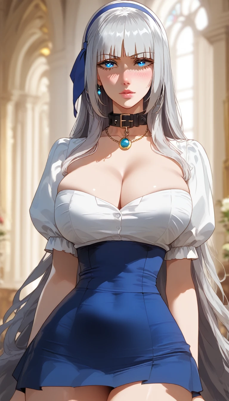 score_9, score_8_up, score_7_up, score_6_up, uncensored, mylene, long hair, silver hair, blue hairband, blue eyes, necklace, BREAK (masterpiece:1.2), best quality, high resolution, (detailed eyes:1.3), perfect lighting, (perfect hands, perfect anatomy), large breasts, soft focus, fantasy art, aged-up 1girl, head_wings, brooch, bowtie, upper body, tuxedo, secretary outfits, mini skirt, long sexy legs, black stocking, BDSM, chain collar, ownership collar 