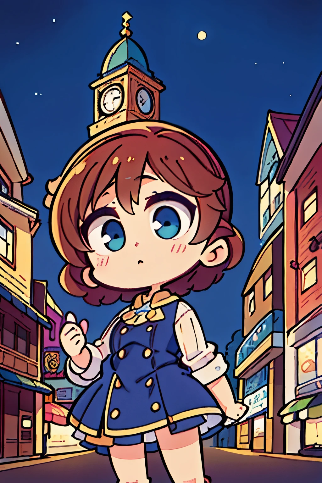 a city at night with a large clock tower in the background, cute face, classic scenario, arstation and beeple highly, city street, metropolis, Albert Edward Hughes's draw style
