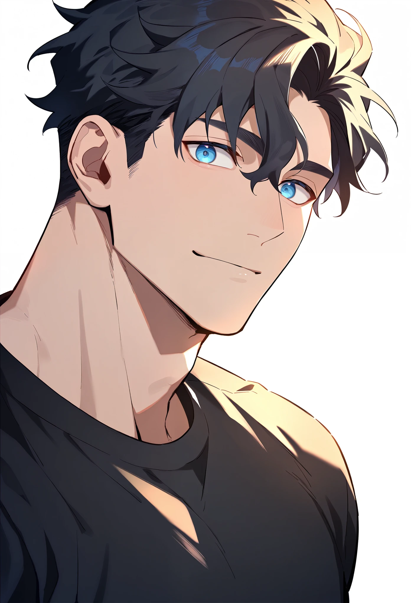 1boy, male focus, eyes focus, handsome male, tall male, muscular, muscular male, black tshirt, solo, upper body, looking at viewer, very black hair, wavy hair, blue eyes, bangs, simple background, best quality, amazing quality, best aesthetic, absurdres
