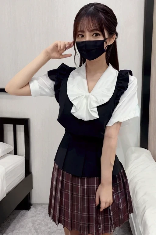 (8K、RAW Photos、Highest quality、masterpiece:1.2)、(Realistic、Realistic)、1 Girl、((Maid Costume:1.2、Thin legs、whole body、View from the front、smile、Looking into the camera、Hold your skirt with both hands and show me your black panties))、cute