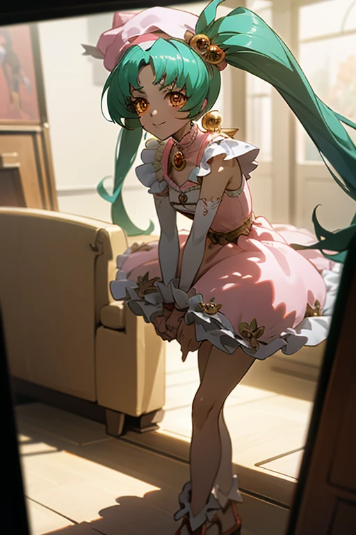 {best quality}, {very aesthetic},standing,leaning forward,lan faniel, anime screencap, 1 girl, solo, Green hair, pink dress, hat, ball hair accessories, Long hair, twintail, hair ornament, Dress, indoors, orange Eyes, blushing, high res, detailed face, detailed eyes, Seductive Eyes, Seductive Smile, Sitting, happy,smile,(centered,scale to fit dimensions,Rule of thirds),(masterpiece), high quality, intricate details, highly detailed background, 8k, cell shading, screen capture, anime, hungry clicker easynegative, ng_deepnegative_v1_75t