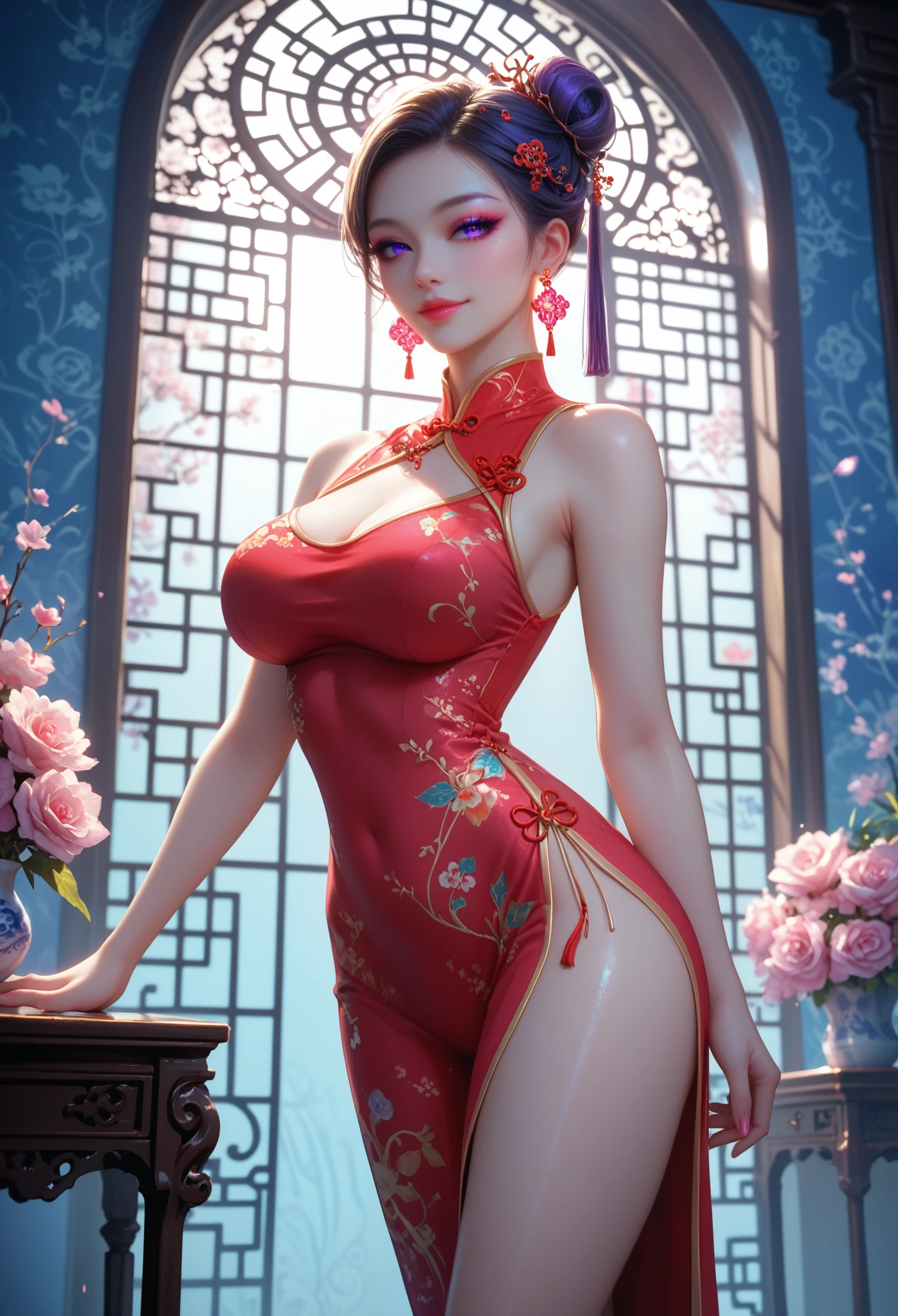 young beautiful woman,(of the highest quality,Extremely detailed image,Incredibly absurd high definition,Anatomically accurate depiction,porcelain skin,curved legs),(Chinese Dress with Colorful Gradient Pattern:1.5,gloss),tights,Luxurious Rainbow Earrings,Necklace,eyelash,eyeshadow,glowing purple eyes,big breasts,glossy lips,shadowed face,seductive smile,seductive gestures,whole body:1.3,background:Chinese style mansion,dramatic lighting,volumetric lighting,Healthy painting:1.5
