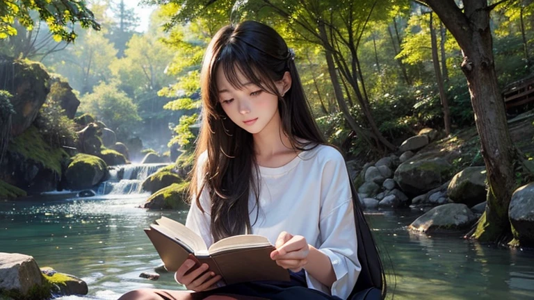 Girl, Wavy hair, ponytail, reading book, scenery
