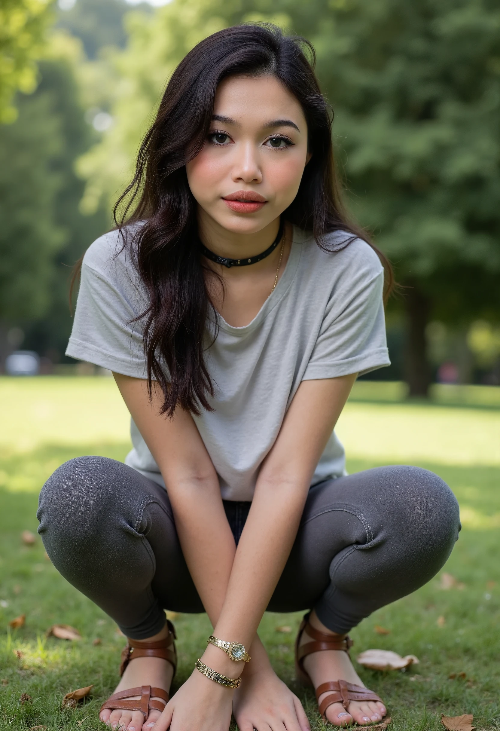 (realistic, photo-realistic:1.4), (best quality, masterpiece), RAW photo, high resolution, intricate details, extremely detailed, sharp focus, professional lighting, full body, solo, 1girl, squatting with open legs wide, (oversized t-shirt:1.5), (seamless grey cotton leggings, large mons pubis, cameltoe, wedgie:1.2), (choker, jewelry), ankle strap sandals, dark hair, forehead, pale skin, fine-textured skin, cute and child-like face, lewd look, (detailed face, detailed eyes, beautiful pupils, sophisticated nose), sweaty, shiny skin, 
photo background, outdoors, large park, nature, sunny, 