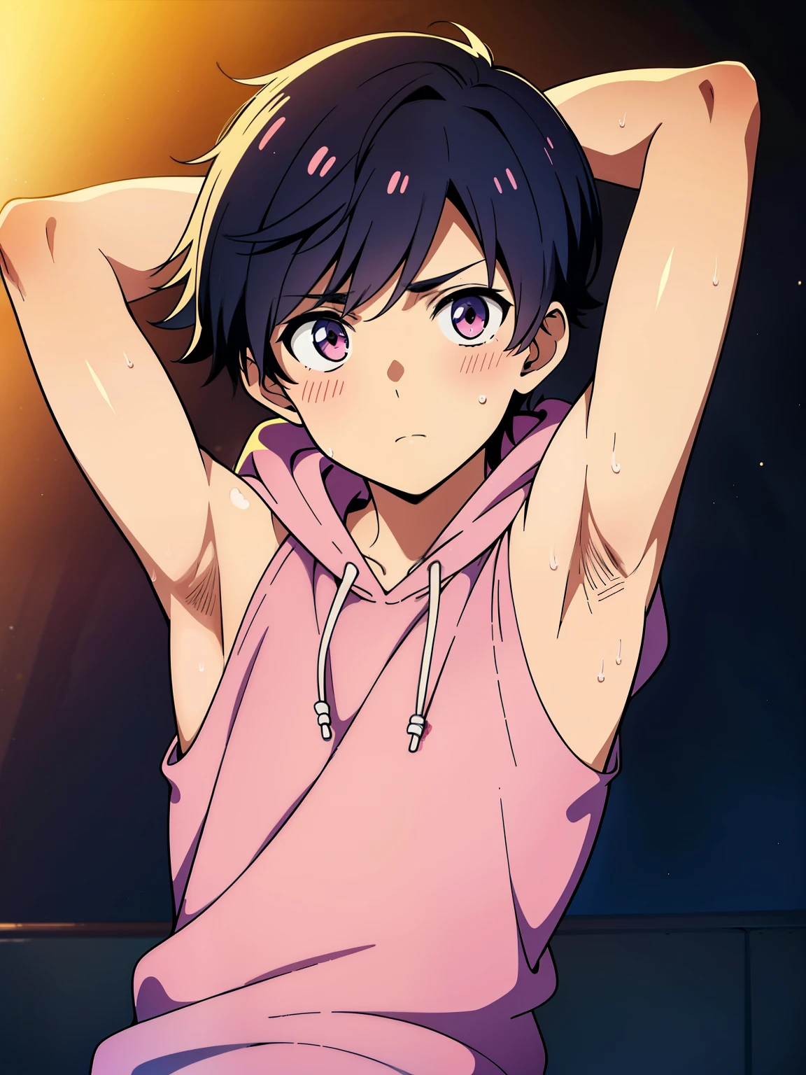 Highres, Masterpiece, Best quality at best,Best Quality,hight quality, hight detailed, Anime style, 1boy, teenager, cuddle, pretty face, Shota, young boy, Sleeveless hoodie, bare shoulder, Upper body, 12-years-old, handsome, Adorable little armpits, pink armpit, Give me a picture of the armpit of a young boy, (Showing armpit:1.3), (very young boy), (very small and short body), simple beckground, cute boy, Uhd, bokeh, sweat