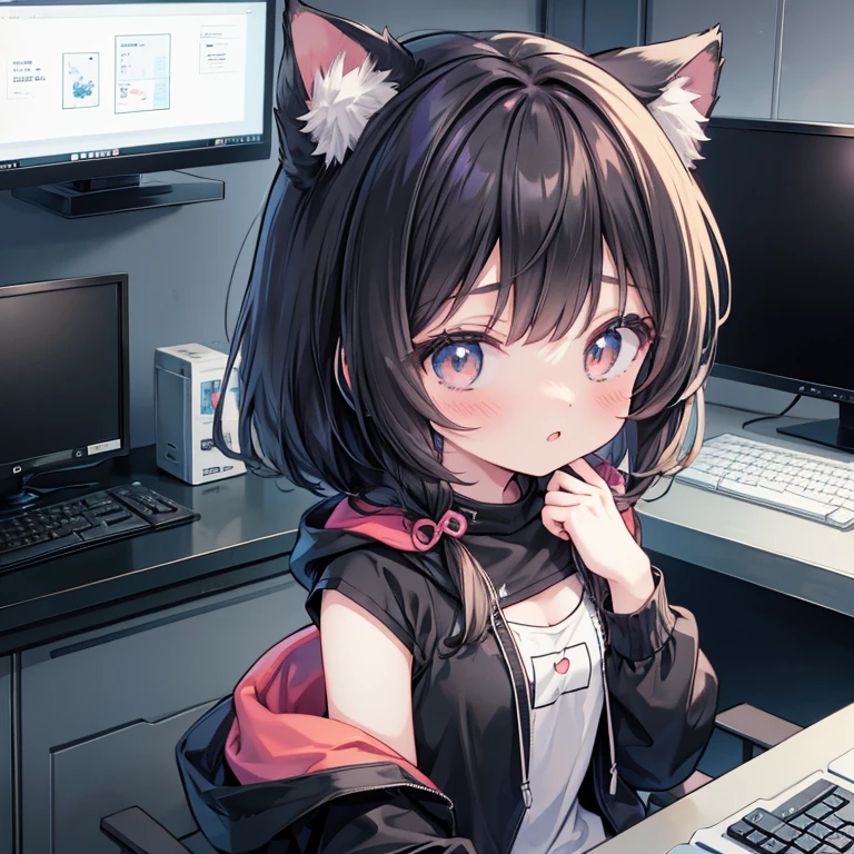 Anime girl in a room with a lot of electronic devices, Alone, Pixiv, Pixel Art, Lo-fi Girl, cute anime cat girl, Lofi Artstyle, Lo-fi Girl aesthetic, Anime aesthetics, Black hoodie, Cat ears anime girl, Lofi Art, Beautiful anime cat girl, nekomimi,　A girl with cat ears in a small room with many computer monitors, Black Hair, Shoulder-length bob, Game, Gameのコントローラー, Gamer, Gameがたくさんある部屋, So many computer monitors