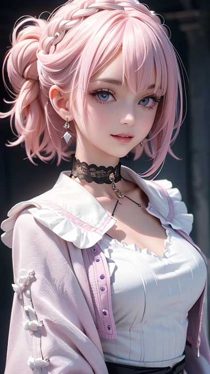 (masterpiece, Highest quality), Intricate details, thin, ((slim)), beautiful girl, Light pink hair, White skin, Light purple eyes, Sharp jawline, Cropped jacket, Messy Hair, lips, Upper Body, close, Grin, Gothic Lolita fashion, Choker, 