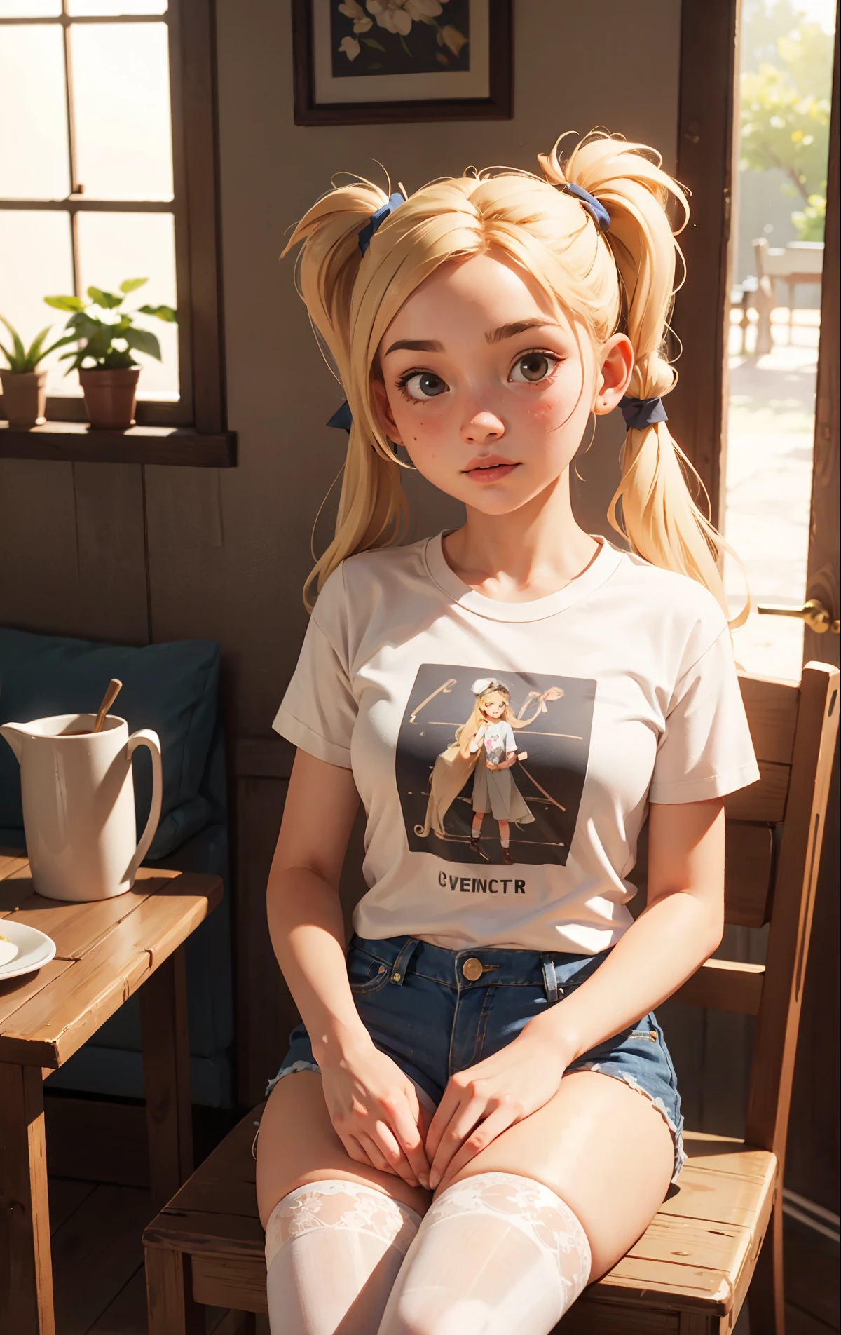 1girl, beautiful detailed eyes, beautiful detailed lips, extremely detailed eyes and face, freckles, high ponytail, blonde hair, pearl earrings, cross necklace, fair skin, nose bandaid, white tank top, long sleeves, brown cargo shorts, fishnet stockings, mary jane shoes