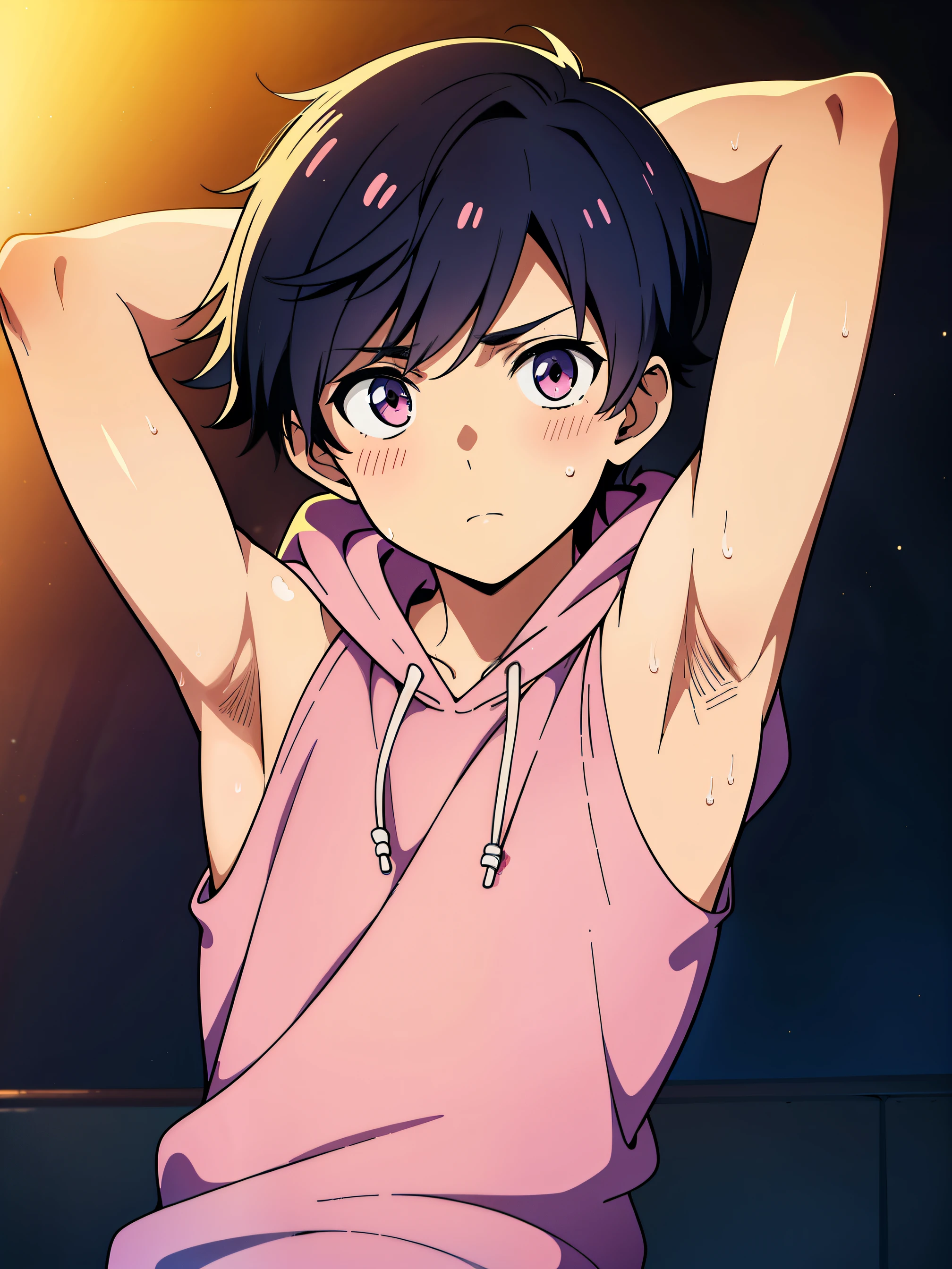 Highres, Masterpiece, Best quality at best,Best Quality,hight quality, hight detailed, Anime style, 1boy, teenager, cuddle, pretty face, Shota, young boy, Sleeveless hoodie, bare shoulder, Upper body, 12-years-old, handsome, Adorable little armpits, pink armpit, Give me a picture of the armpit of a young boy, (Showing armpit:1.3), (very young boy), (very small and short body), simple beckground, cute boy, Uhd, bokeh, sweat