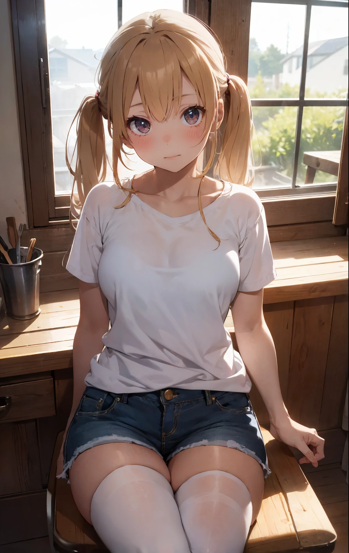 1girl, bangs, loli body, 13 year old girl, position on all fours, blonde hair, cleavage, mouth, small breasts, ass facing the viewer, back to screen, smile, tight, micro shorts 1.4, Ultra HD |, 4k image , glasses, character near the camera