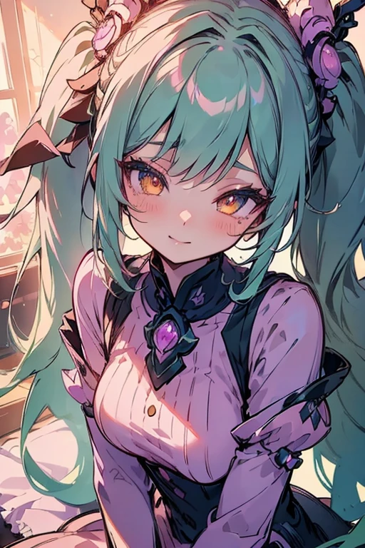 {best quality}, {very aesthetic},leaning forward, 1 girl, solo, Green hair, pink dress, hat, ball hair accessories, Long hair, twintail, hair ornament, Dress, indoors, orange Eyes, blushing, high res, detailed face, detailed eyes, Seductive Eyes, Seductive Smile, Sitting, happy,smile,