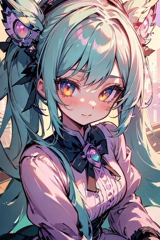 {best quality}, {very aesthetic},leaning forward, 1 girl, solo, Green hair, pink dress, hat, ball hair accessories, Long hair, twintail, hair ornament, Dress, indoors, orange Eyes, blushing, high res, detailed face, detailed eyes, Seductive Eyes, Seductive Smile, Sitting, happy,smile,