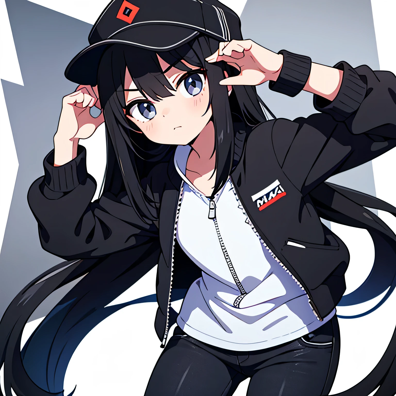 singular age girl, long black hair, grey eyes, wearing barely visible white shirt no symbols, wearing black zipped up jacket no symbols, black jeans no symbols, white background, black Russian hat no symbols, high res, ultra sharp, 8k, masterpiece, looking at viewer, nervous expression, anime