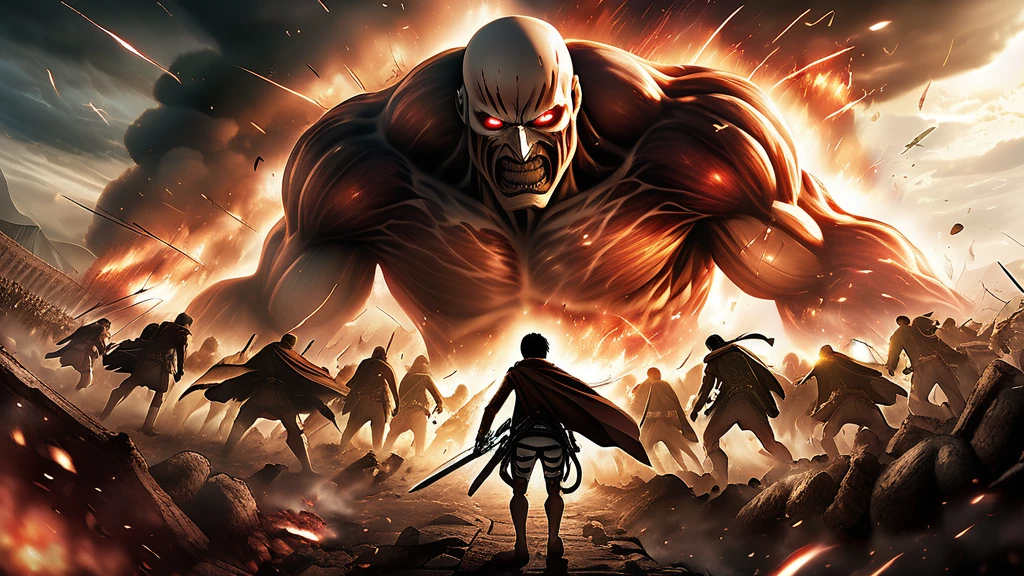 Breathtaking artwork of the Attack on Titan universe, capturing epic battles between humans and Titans, immersive landscapes, and dramatic lighting effects that create an awe-inspiring visual experience.