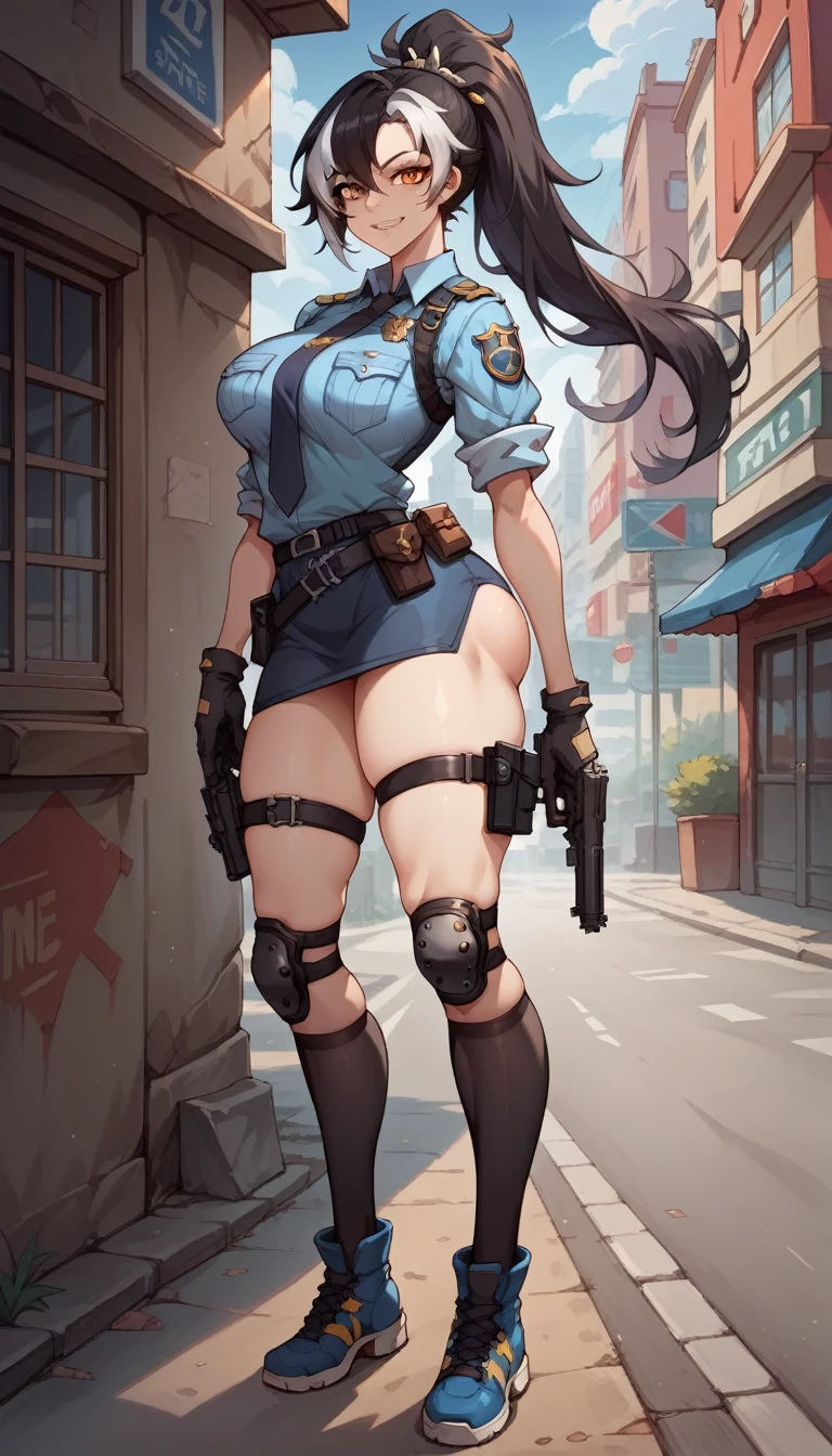 ultra-detailed, 1girl, zhu yuan, Zenless Zone Zero, (best quality), ((masterpiece)), (highres), 16K, orange eyes, perfect face, long hair, black hair, ponytail, streaked hair, wearing police uniform, wearing bootyshort, two-tone vest, thigh straps, knee pads, holster, black gloves, belt, black thighhighs, blue footwear, busty body, large breasts and a beautiful ass, showcasing cleavage, legs, hips, gun, holding gun, looking at viewer, smile, detailed full body, thigh details, street background