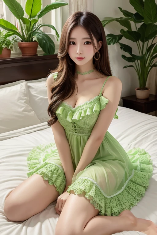There is a woman sitting on a bed with a flower in her hand, verde pastel, roupa com babados, roupa intrigante, roupas verdes, cativante e sedutor, luz natural verde suave, translucent silky dress, roupa muito sexy, translucent dress, beautiful chinese model, Green Sage, 2 0 2 2, 2022, roupa de fantasia, roupa multicamadas