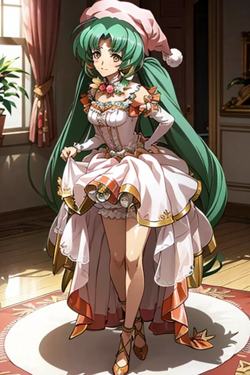 {best quality}, {very aesthetic},full body,standing,leaning forward, 1 girl, solo, Green hair, pink dress, hat, ball hair accessories, Long hair, twintail, hair ornament, Dress, indoors, orange Eyes, blushing, high res, detailed face, detailed eyes, Seductive Eyes, Seductive Smile,  happy,smile,