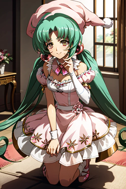 {best quality}, {very aesthetic},full body,standing,leaning forward, 1 girl, solo, Green hair, pink dress, hat, ball hair accessories, Long hair, twintail, hair ornament, Dress, indoors, orange Eyes, blushing, high res, detailed face, detailed eyes, Seductive Eyes, Seductive Smile,  happy,smile,