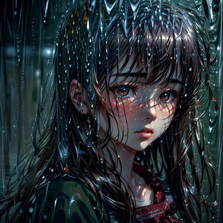 ((Best quality)), ((masterpiece)), (detailed), close-up portrait of contemplative anime girl's face, facing front, painted style, heavy rain at night, long flowing brown hair, thoughtful expression, delicate features, soft skin, small nose, full lips, blush