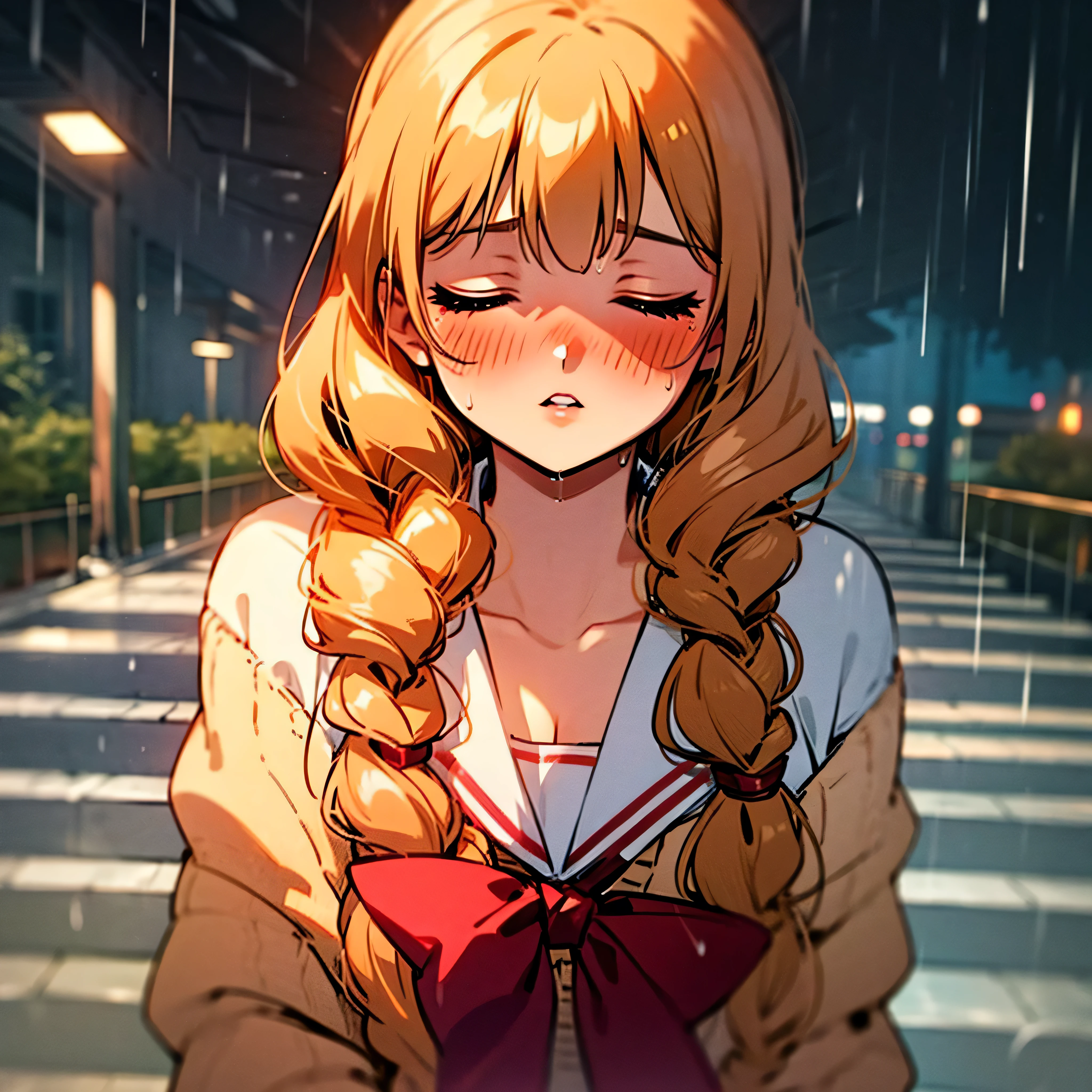 1girl, solo, satomura akane, closed eyes, incoming kiss, {blond barided long hair}, school uniform, {white shirt with a red bow}, {sand colored cardigan sweater}, {holding a pink umbrella with its rod supported on her shoulder}, rainy scenario, shopping district background, blushing intensely, parted lips, desperate, flustered, lustful, upper body