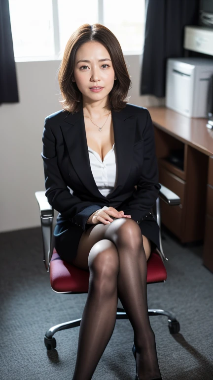 ​masterpiece, Better Quality, hight resolution, ((Photorealsitic:1.4, Raw photography, ultra high resolution,Top image quality)), ((full body 1.5, portrait:1.2)), 1Milf sitting on office chair, wearing business suit, black stocking, curvy shape0.5, very detailed and professional lighting, (cute facial expressions), ((thigh visible)),