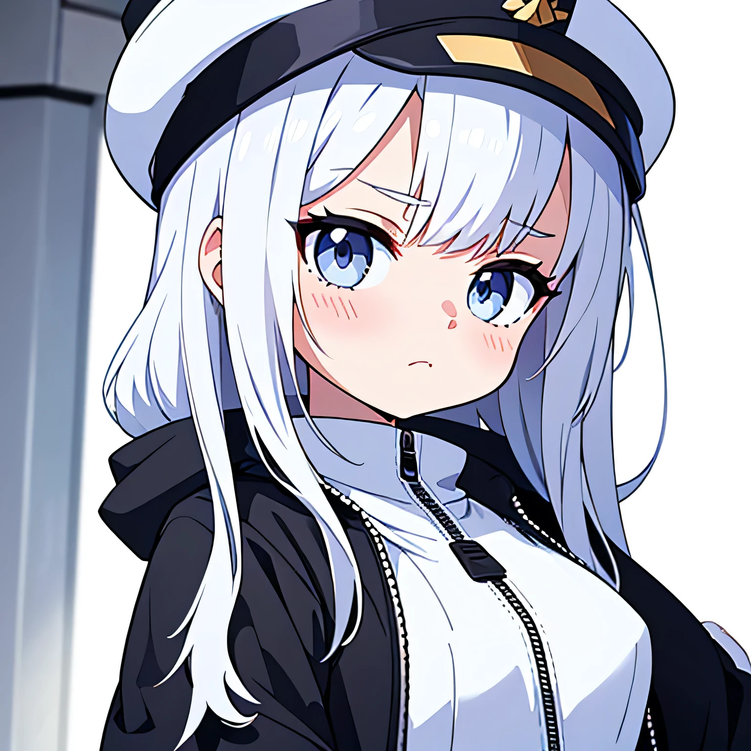 singular age girl, long white hair, grey eyes, wearing barely visible black shirt, wearing white zipped up jacket, white jeans, white background, white Russian hat no symbols, high res, ultra sharp, 8k, masterpiece, looking at viewer, nervous expression, anime