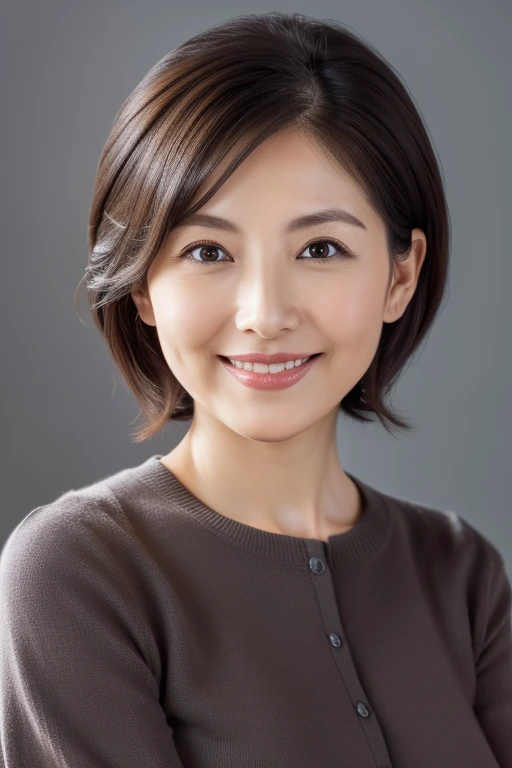 masterpiece, highest quality, (Seductive saleswoman:1), ((Portraiture:1.3)), smile, gray business wear, Hyper detail on skin, Cleans pores,Panoramic View,Stick your butt out, Black Lens Stockings,Beautiful young Japanese MILF, 40 years old, Perfect Face, Looks great, (Detailed facial features), Clean and nice face,Big Breasts