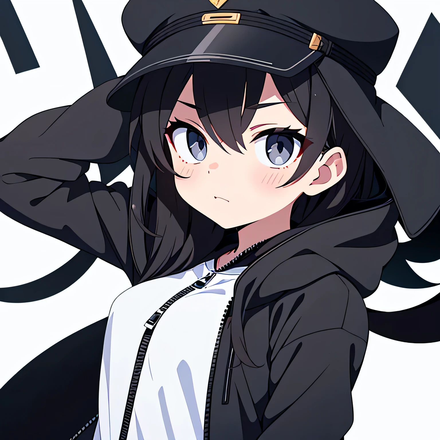 singular age girl, long black hair, grey eyes, wearing barely visible white shirt no symbols, wearing black zipped up jacket no symbols, black jeans no symbols, white background, black Russian hat no symbols, high res, ultra sharp, 8k, masterpiece, looking at viewer, nervous expression, anime