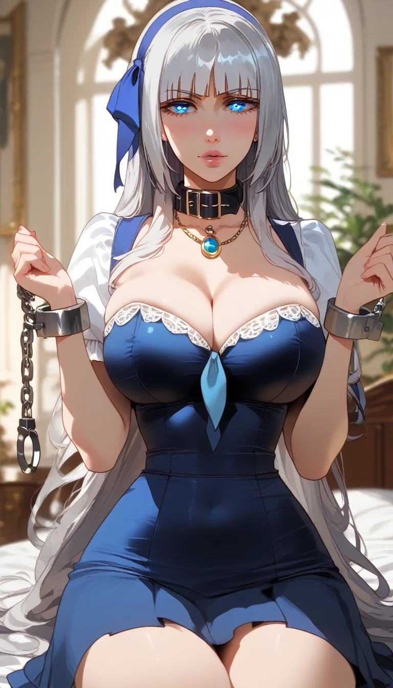 score_9, score_8_up, score_7_up, score_6_up, uncensored, mylene, long hair, silver hair, blue hairband, blue eyes, necklace, BREAK (masterpiece:1.2), best quality, high resolution, (detailed eyes:1.3), perfect lighting, (perfect hands, perfect anatomy), large breasts, soft focus, fantasy art, aged-up 1girl, head_wings, brooch, bowtie, upper body, tuxedo, secretary outfits, mini skirt, long sexy legs, black stocking, BDSM, chain collar, submissive collar, handcuffs, kneeling, hands up, bind her hand, tie up her hands