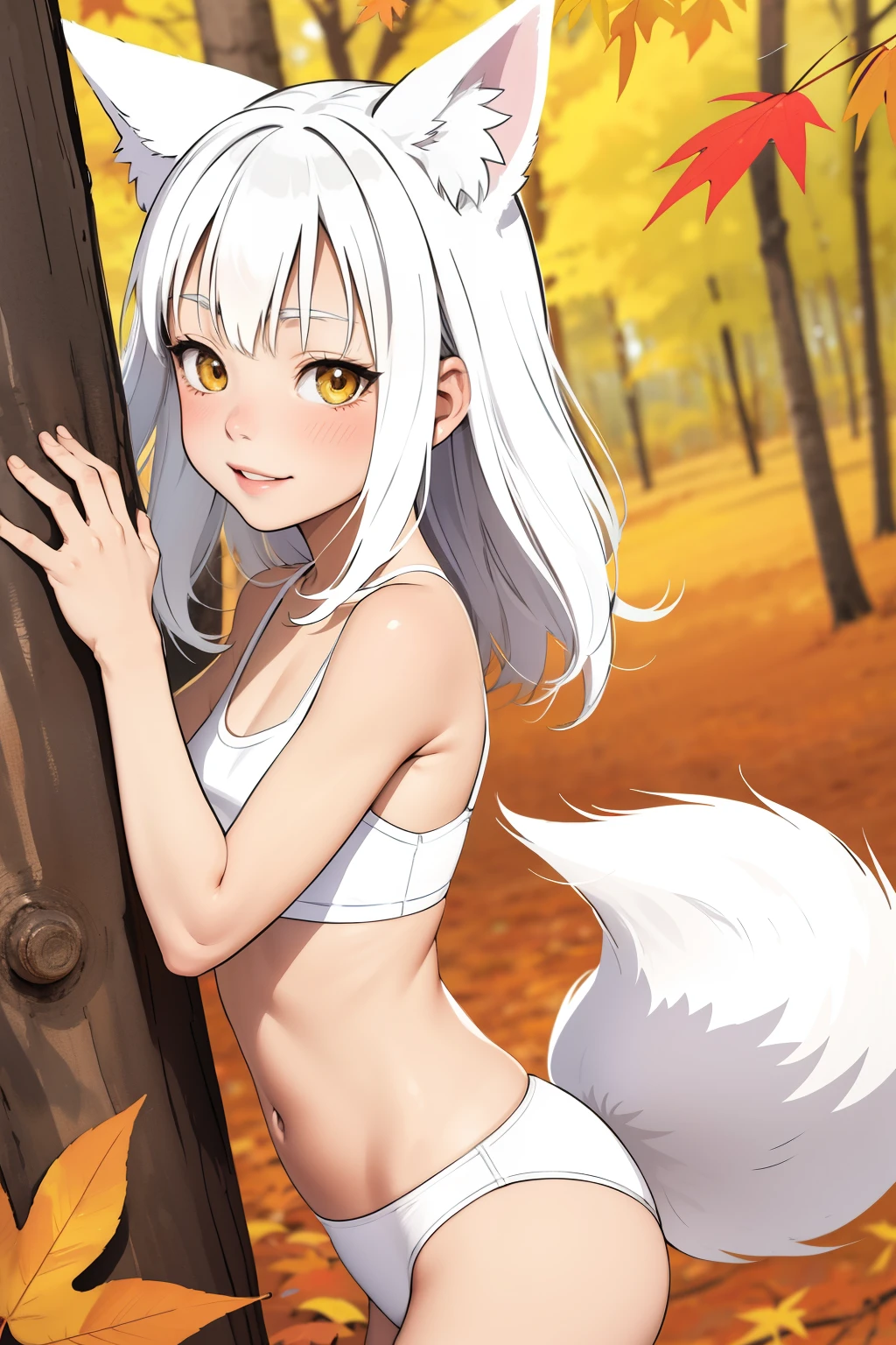 (superflat, flat shading, flat colors:1.1), wide angle, vibrant colors, 1girl, 10yo, lolis, child, small breast, white hair, (white fox ears), (white fox tail:1.2), (white sports bra with  white panties), smile, blush, hide behind the tree, peeking from behind the tree, hugging tree, autumn forest, yellow and red leaves, autumn, warm, bright sunlight, best shadows, watercolor,