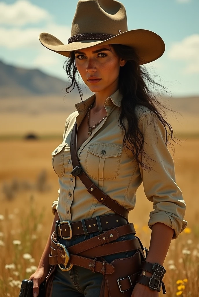 Create a book cover for a book called Doña Barbara by Romulo Gallegos that features a woman with a cowboy look.