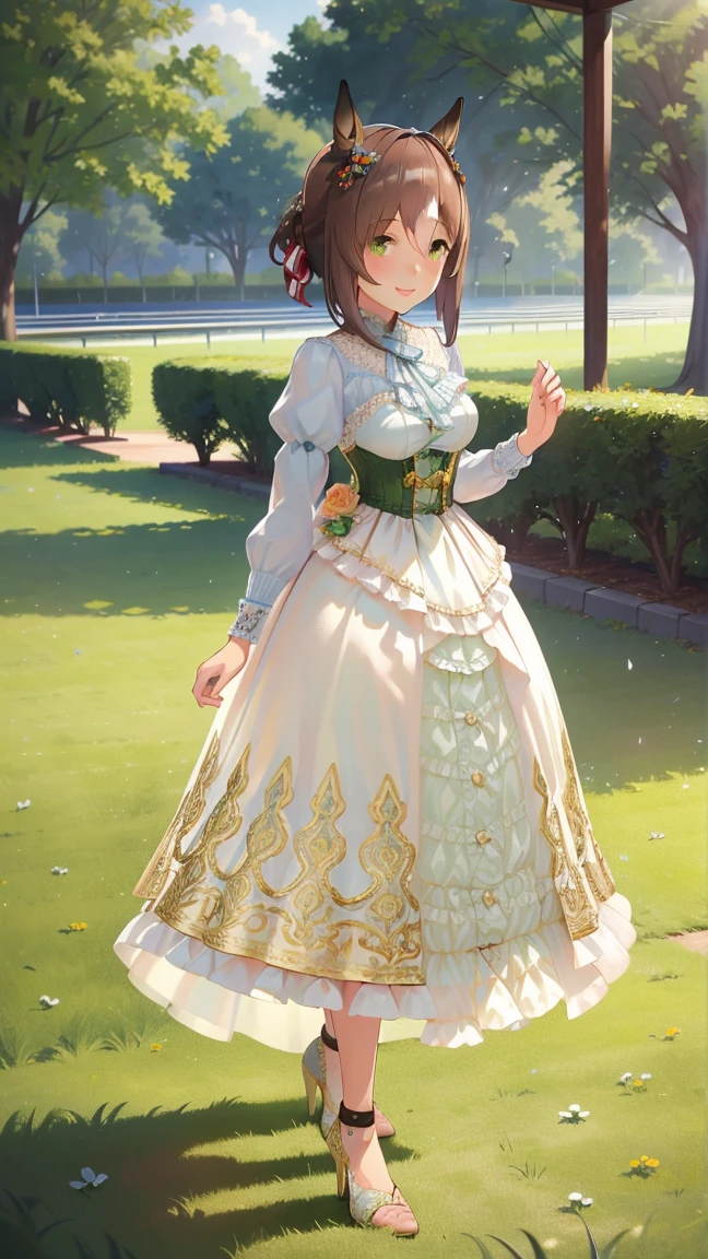 1girl, natural lighting, masterpiece, highly detailed, illustration, game CG, absurdres, high quality, beautiful detailed eyes, natural lighting, medium breasts, horse race track, smile, corset long dress, high heels,ถุงน่องสีขาว ขอบลูกไม้, standing