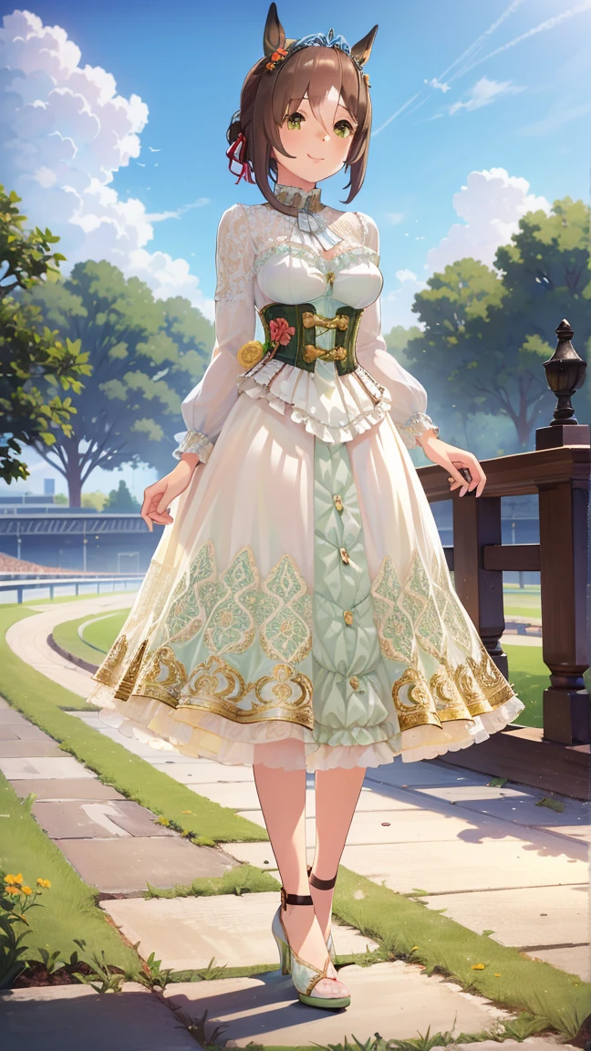 1girl, natural lighting, masterpiece, highly detailed, illustration, game CG, absurdres, high quality, beautiful detailed eyes, natural lighting, medium breasts, horse race track, smile, corset long dress, high heels,ถุงน่องสีขาว ขอบลูกไม้, standing