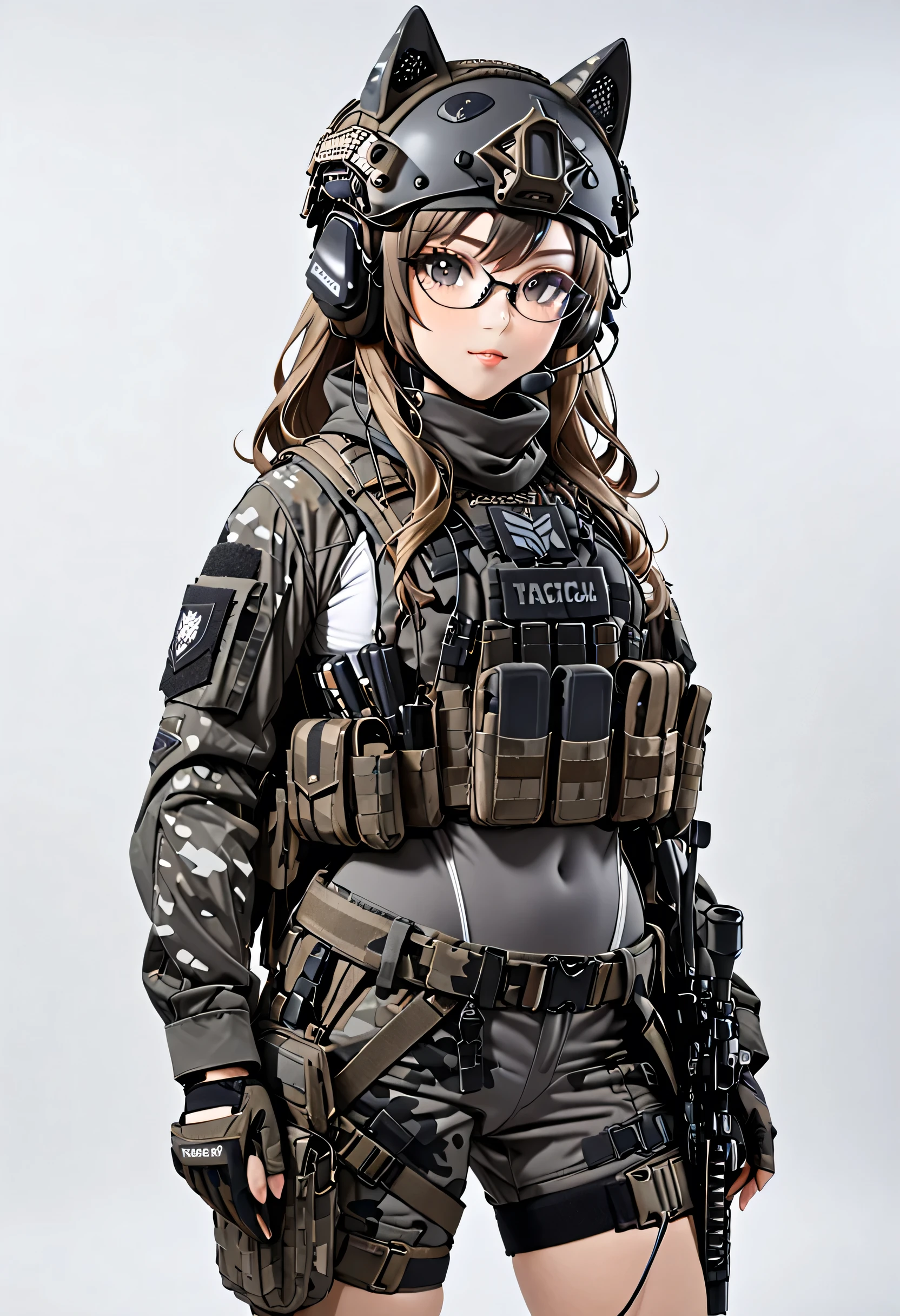 8K Ultra High-Quality, ultra-detailed, High quality, Dark Blonde hair, Long hair, Headset, Goggles, Bluish Grey Tactical Helmet visor up, Fox girl, Black Camo Tactical clothes, Military clothes, White leotard under clothes, Bluish Grey body harness, Bluish Grey Heavy Body Armor, Looking at viewer, choker, glasses, full body