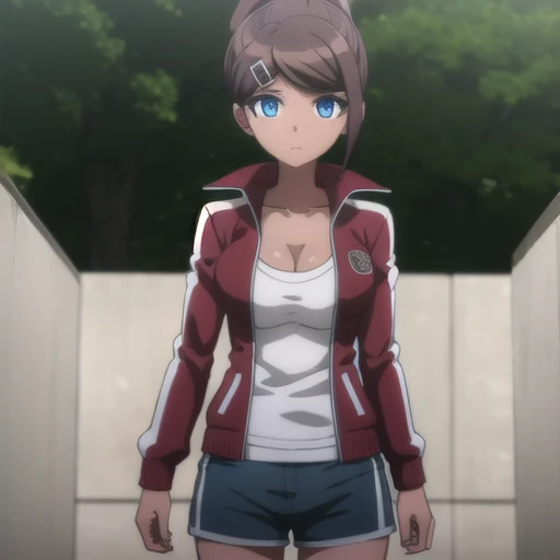 aoiasahina, aoi asahina, short hair, bangs, blue eyes, brown hair, hair ornament, ponytail, hairclip, dark skin, dark-skinned female,
BREAK shirt, long sleeves, cleavage, collarbone, jacket, white shirt, open clothes, shorts, hairclip, open jacket, red jacket,
BREAK outdoors, classroom,
BREAK looking at viewer, (cowboy shot:1.5),
BREAK (masterpiece:1.2), best quality, high resolution, unity 8k wallpaper, (illustration:0.8), (beautiful detailed eyes:1.6), extremely detailed face, perfect lighting, extremely detailed CG, (perfect hands, perfect anatomy),