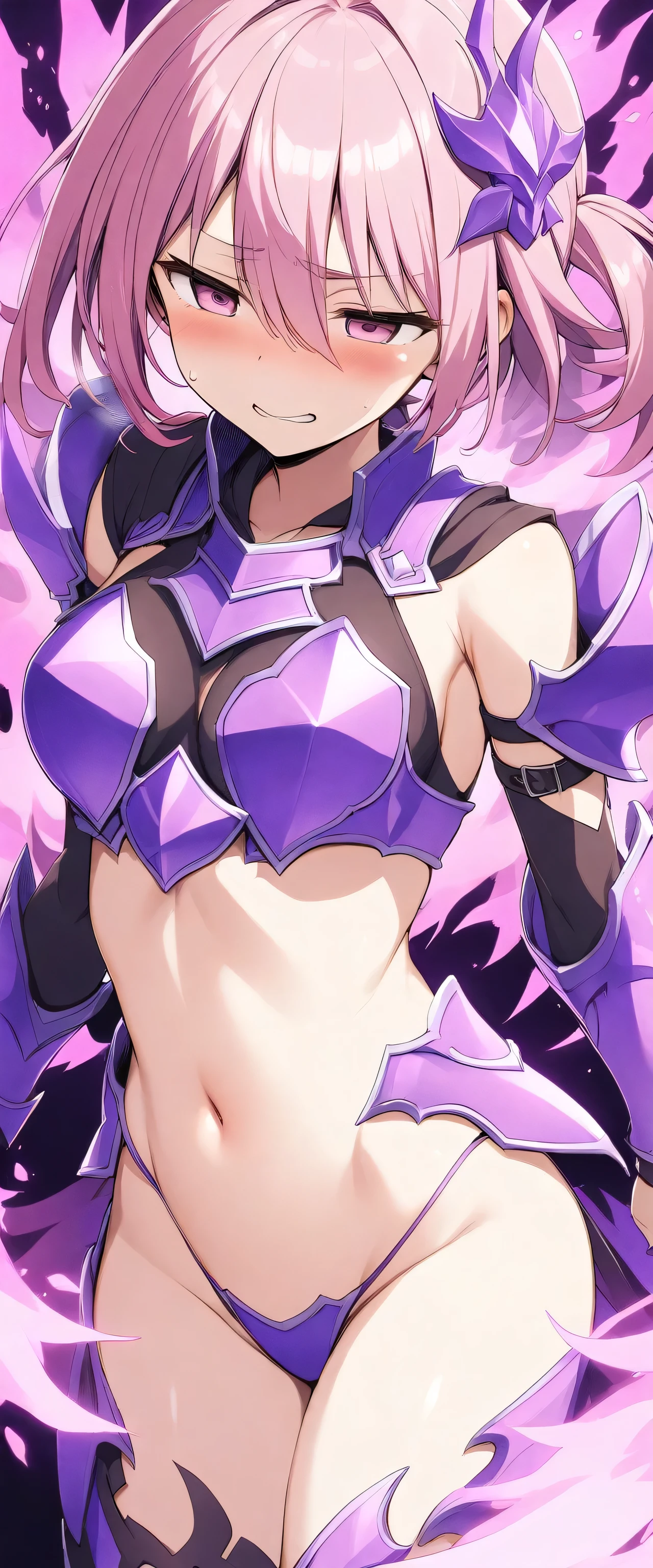 Pink Eyes、Pink Hair、Wearing purple micro bikini armor　Slanted Eyes　Warrior of Fire