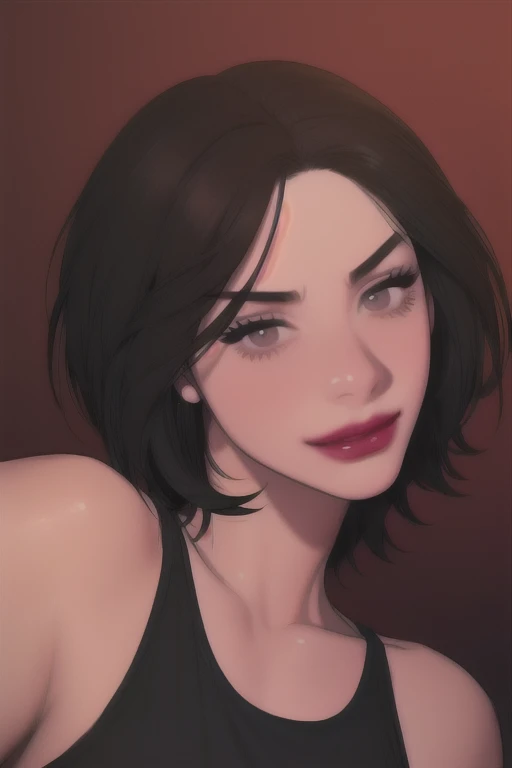 btd,1girl,mature_female,(masterpiece, detailed background, best quality),short and shiny hair to her shoulders,very very dark black hair,sportswear,smirk,juicy lips,bitch_juice,dark red lips,perfecteyes, very dark eyes, black girl