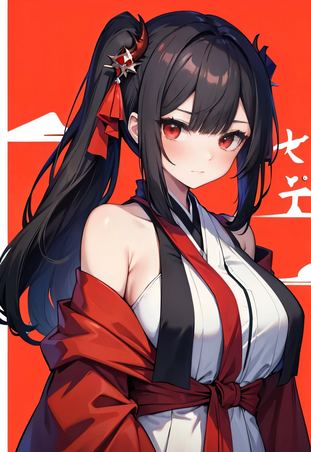 Black hair，Red Eyes，Long hair，Twin ponytails，blush，They are wild（destiny）Big breasts，Red dragon robe， background，Empress