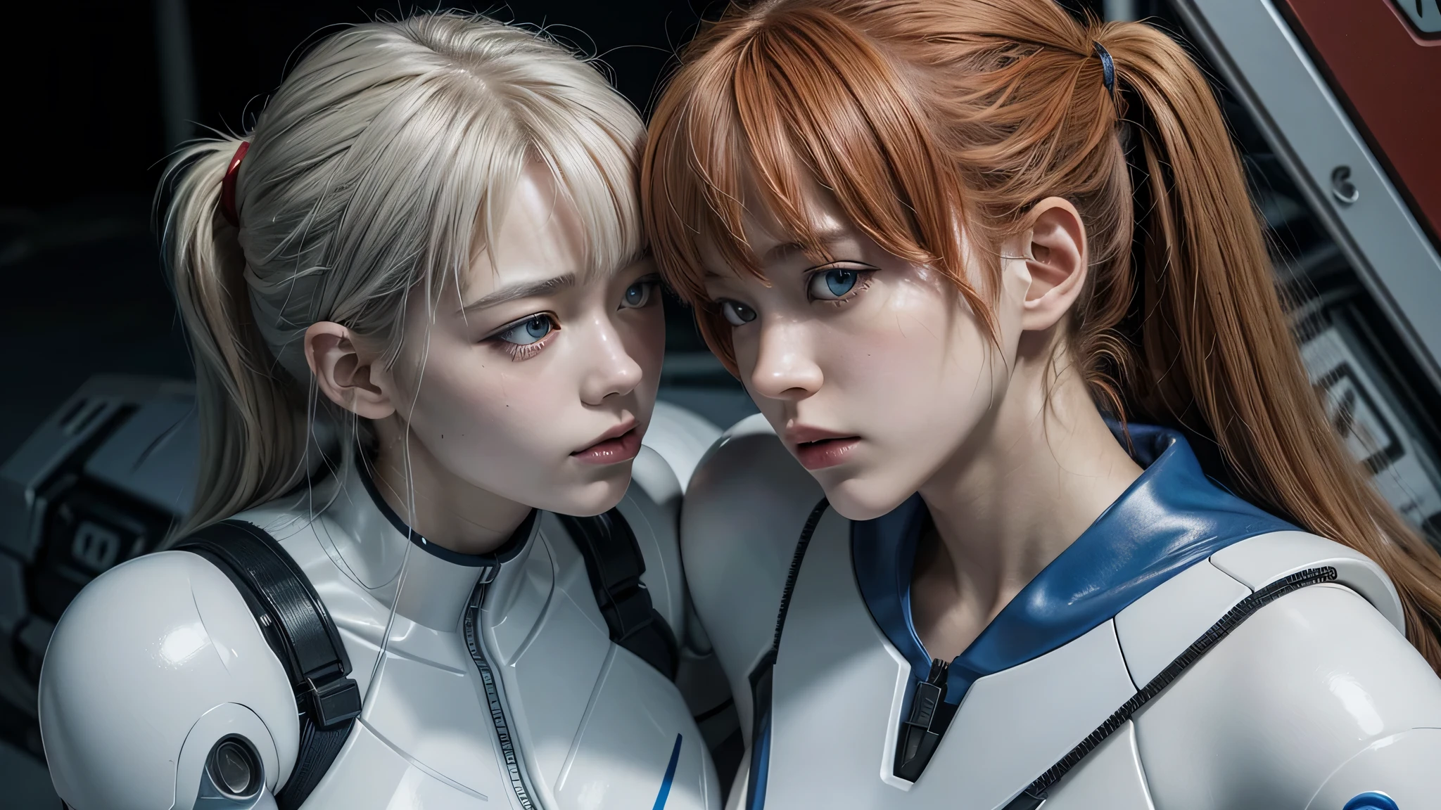 official art, extremely detailed CG unity 8k wallpaper, full body, exquisite facial features, twins, girl, expressionless, short hair, silver hair, mech suit, Lying down, hug, looking down, rim light, night, universe, sea