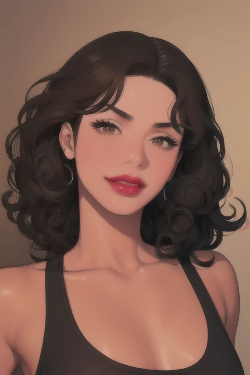 btd,1girl,mature_female,(masterpiece, detailed background, best quality),medium and shiny black hair,sportswear,slight smirk,juicy lips,bitch_juice,red lips,perfecteyes,curly hair, brown skin, small tits, black girl, tanned skin 