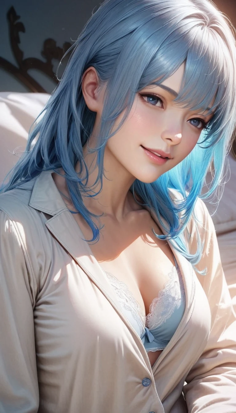 robin,((blue hair, side braid )), beautiful face,smiling, fit body, moderate breast,sitting on a bed,wearing white pajamas,illustration,detailed textures,ultra-detailed(realistic),portrait style,vivid colors,soft lighting, white silk bras , half body