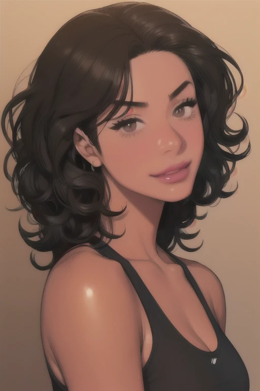 btd,1girl,mature_female,(masterpiece, detailed background, best quality),medium and shiny black hair,sportswear,slight smirk,juicy lips,bitch_juice,perfecteyes,curly hair, brown skin, small tits, black girl, tanned skin 