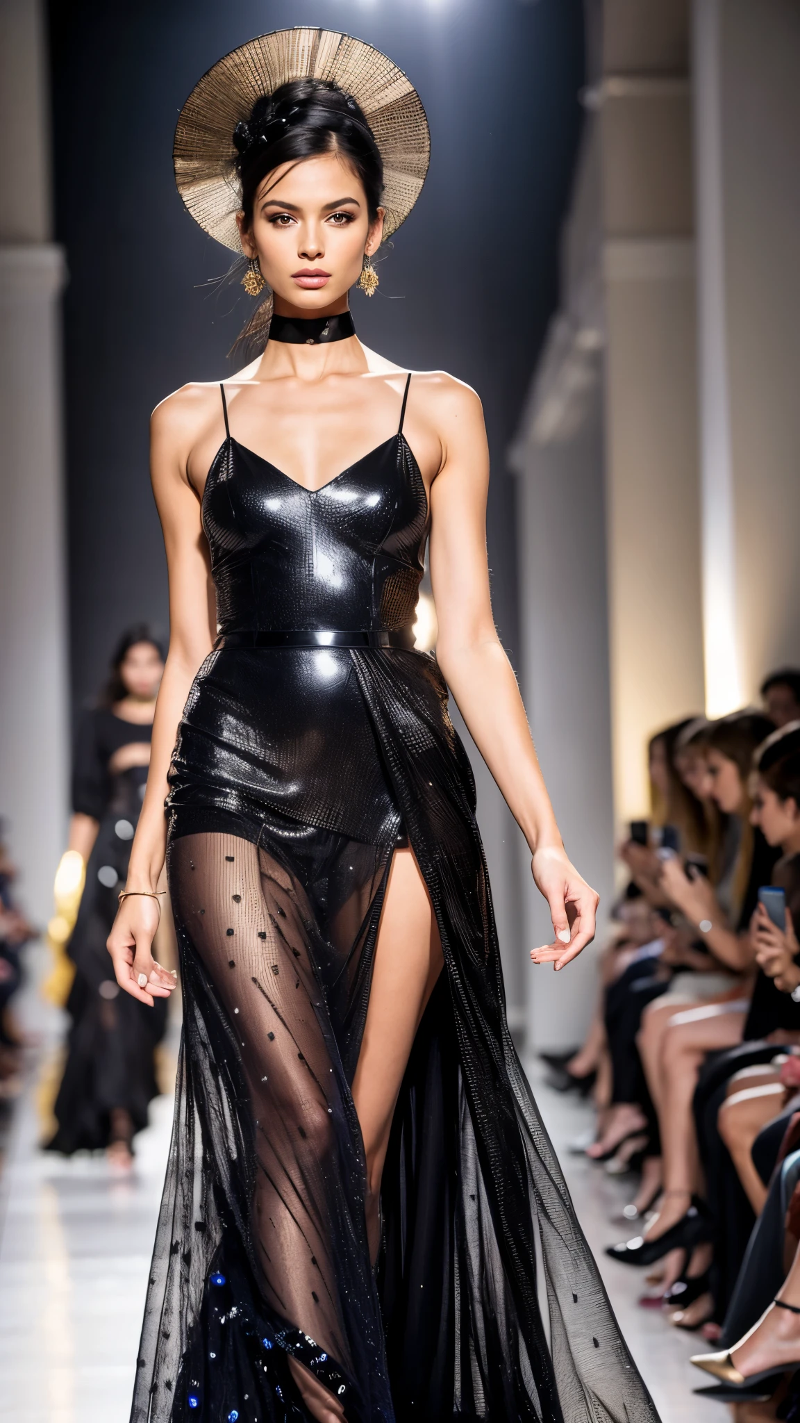 (Best quality, 8k, 32k, Masterpiece, UHD:1.2),Photo of Pretty Japanese woman, 1girl, (medium-short dark brown hair), double eyelid, fashion model,1.77meters， beautiful ,contemporary cut， unique maxi very wet  golden dress with slit, off-shoulder, gold belt, choker, stand tall, runway, huge stage, Paris Collection, nsfw, , see through,,see-through_blouses,breast_pasty,（Medium shot:1.4）